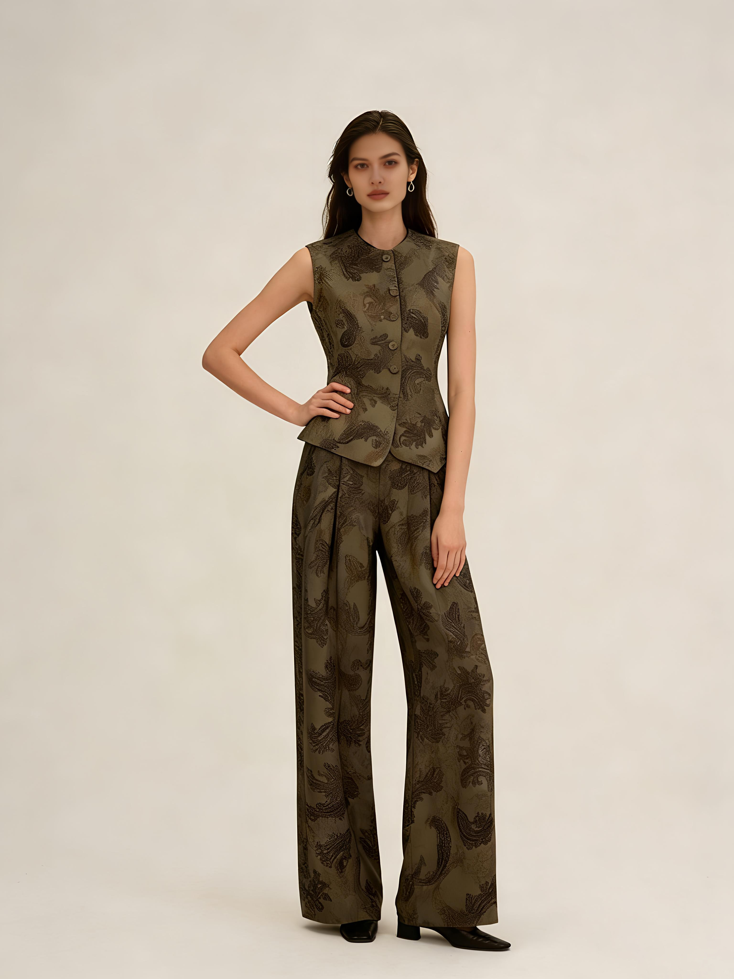 Women's Olive Green Paisley Jacquard Vest & Wide Leg Pants Set  W-41506，W-41507