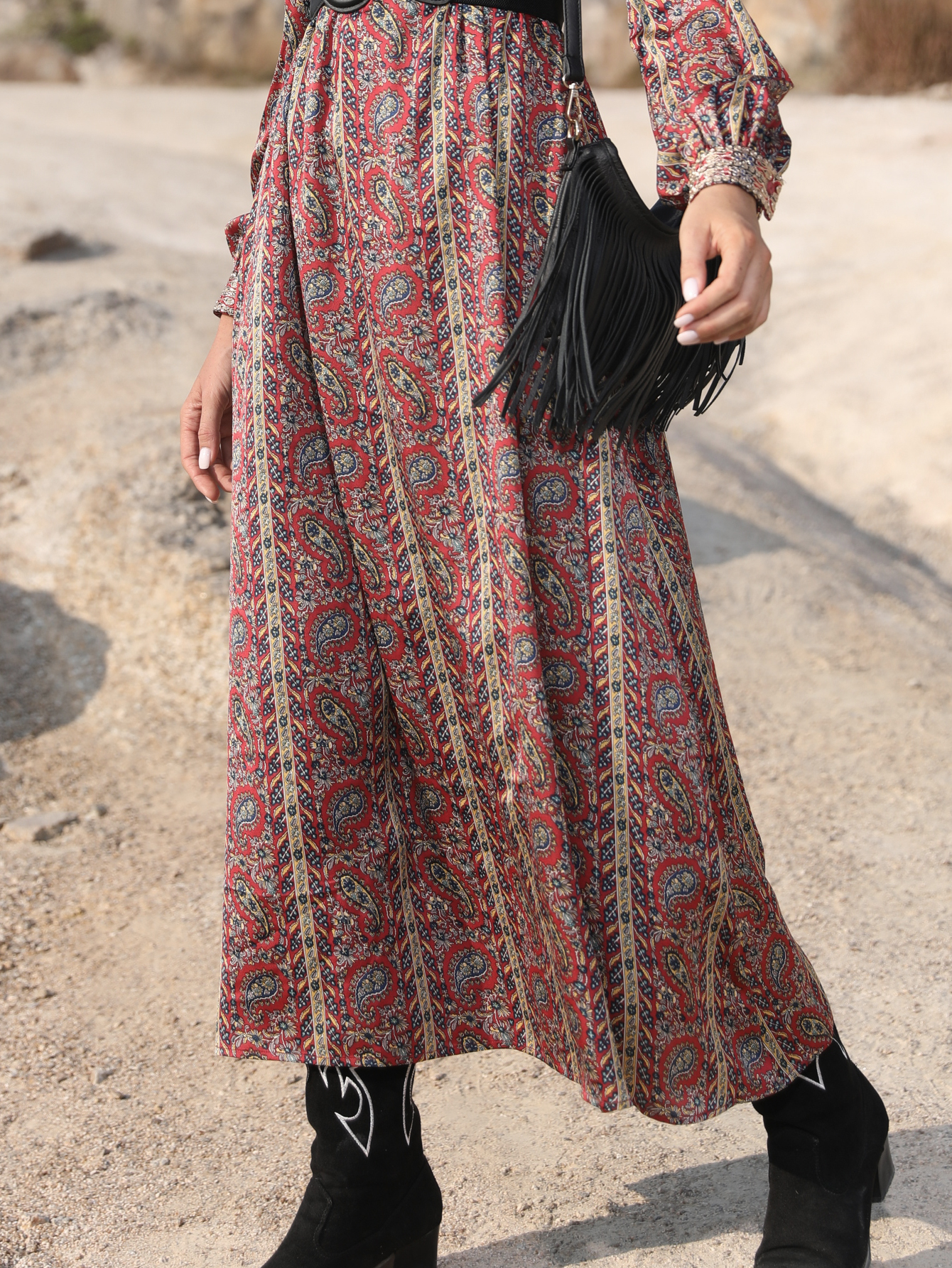 Women’s Vintage Paisley Boho Midi Dress – Long Sleeve Western Fall Style D-33800