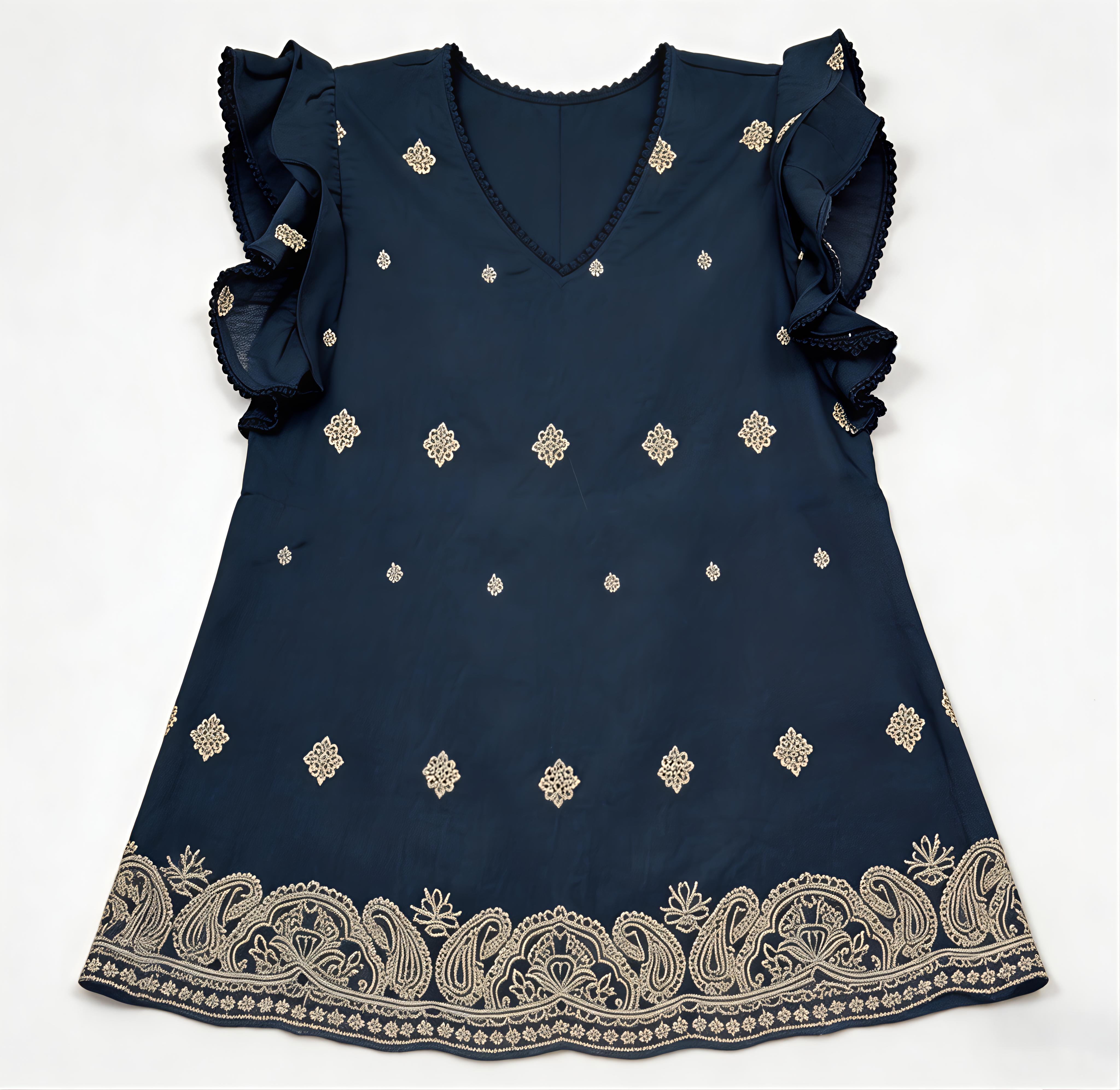 White Gold Paisley Embroidered Ruffle Sleeve Blouse - Boho V-Neck Top AN-710001