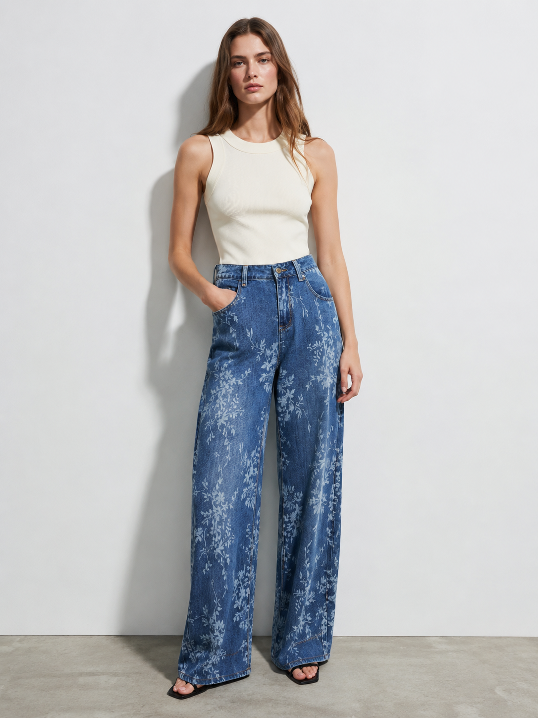 Spring Floral Wide Leg Jeans High Waist Printed Denim for Women ZY6021