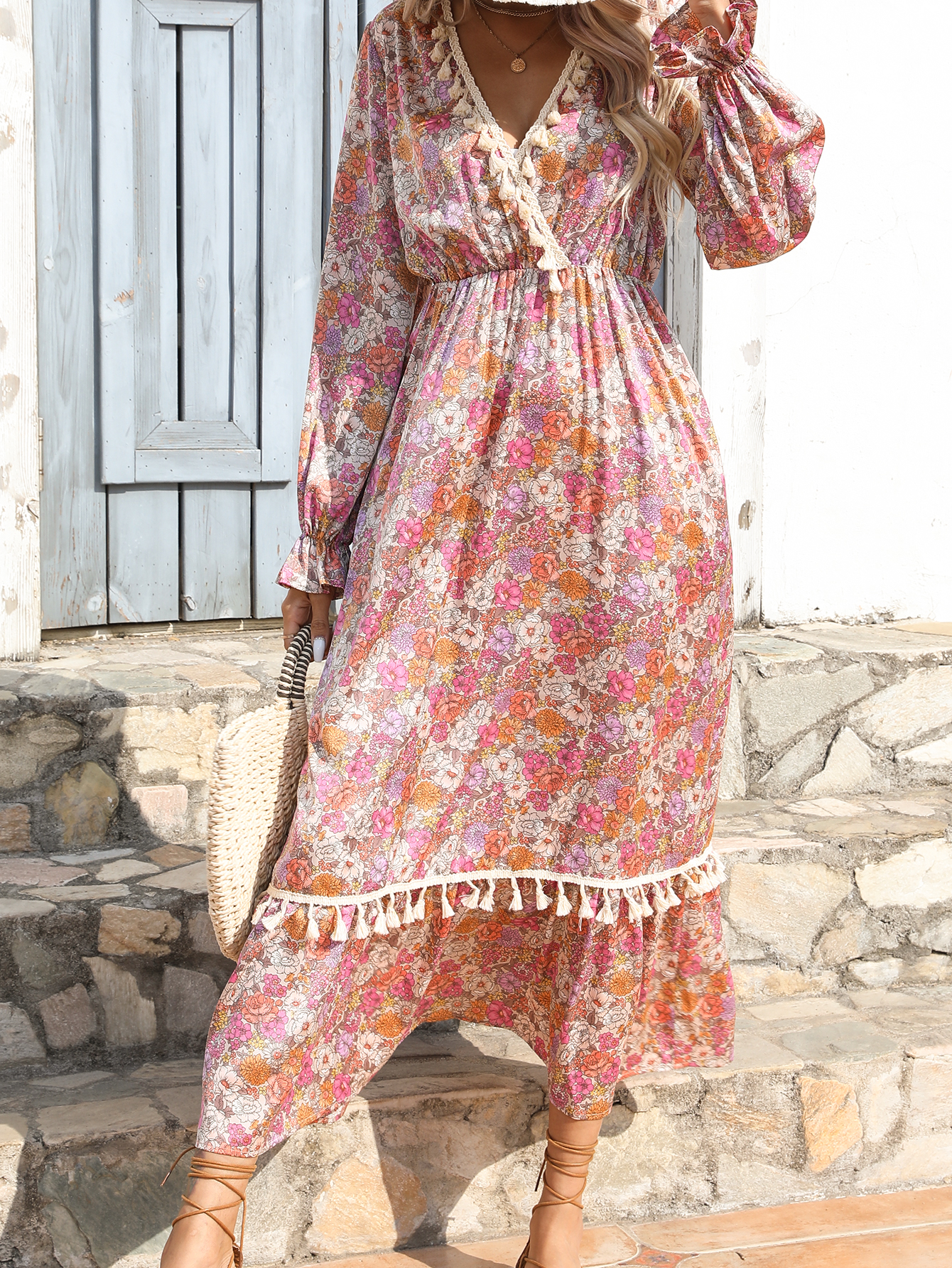 Women’s Floral V Neck Boho Maxi Dress M-34360