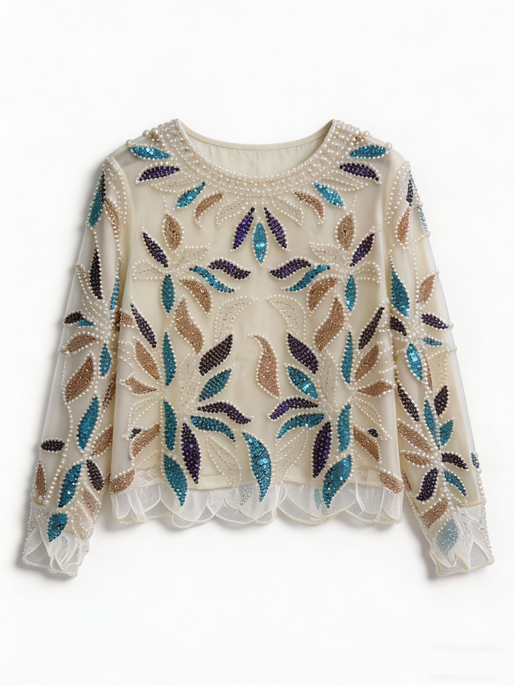 Women’s Sequin Beaded Leaf Mesh Long Sleeve Party Top LA-030402