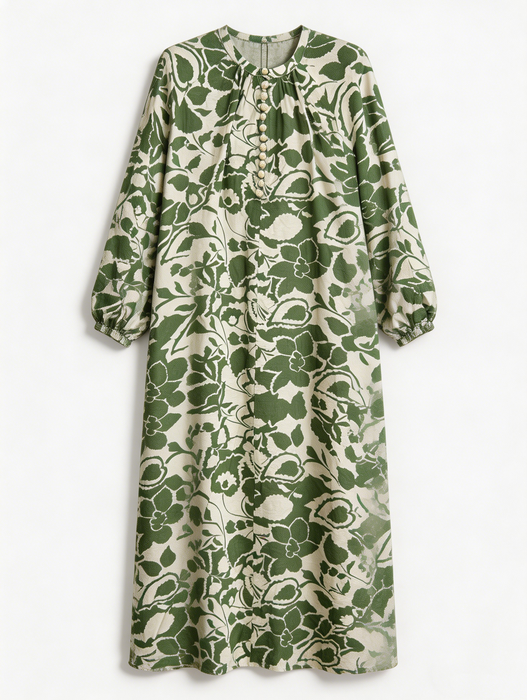 Boho Green Floral Print Dress - Long Sleeve Relaxed Fit Maxi Dress  C-40021