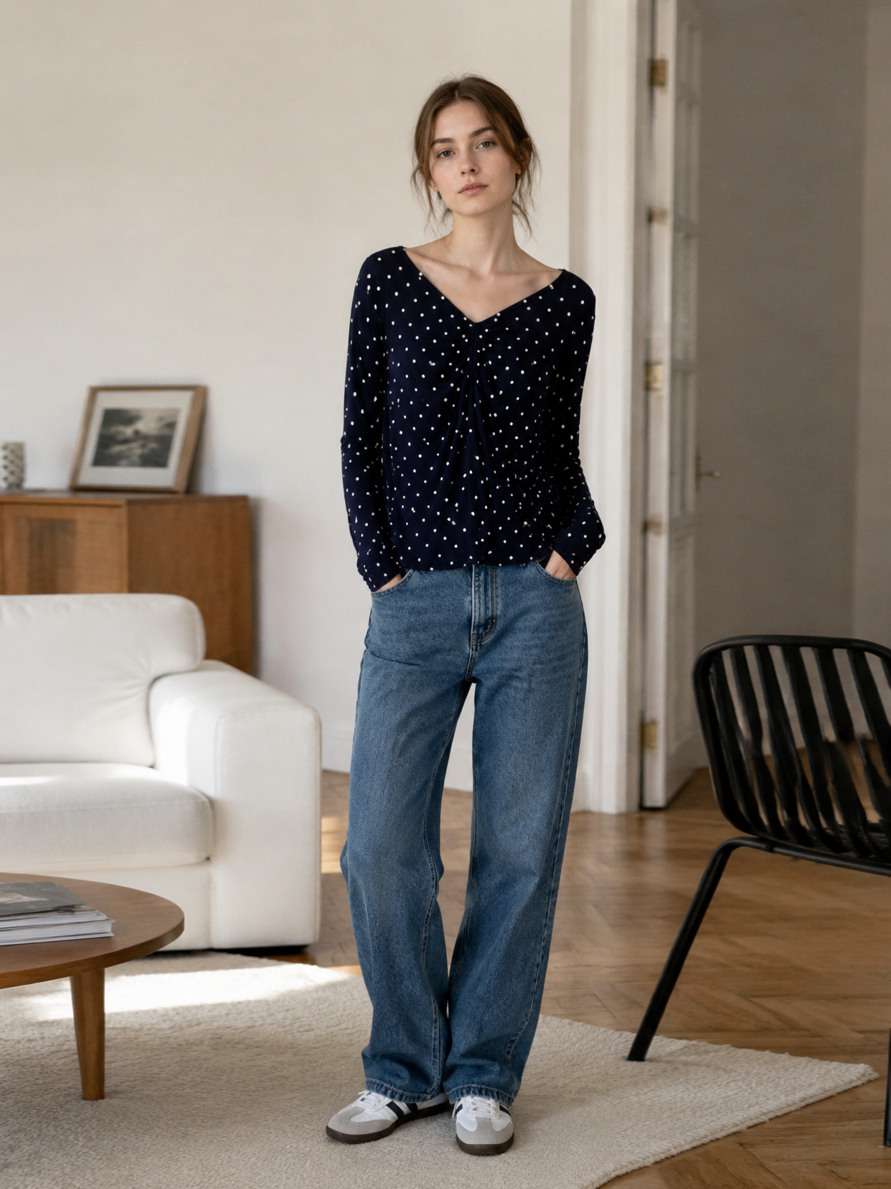 French Style Polka Dot Ruched Tee - V-Neck Slim Fit Top  AN-710008