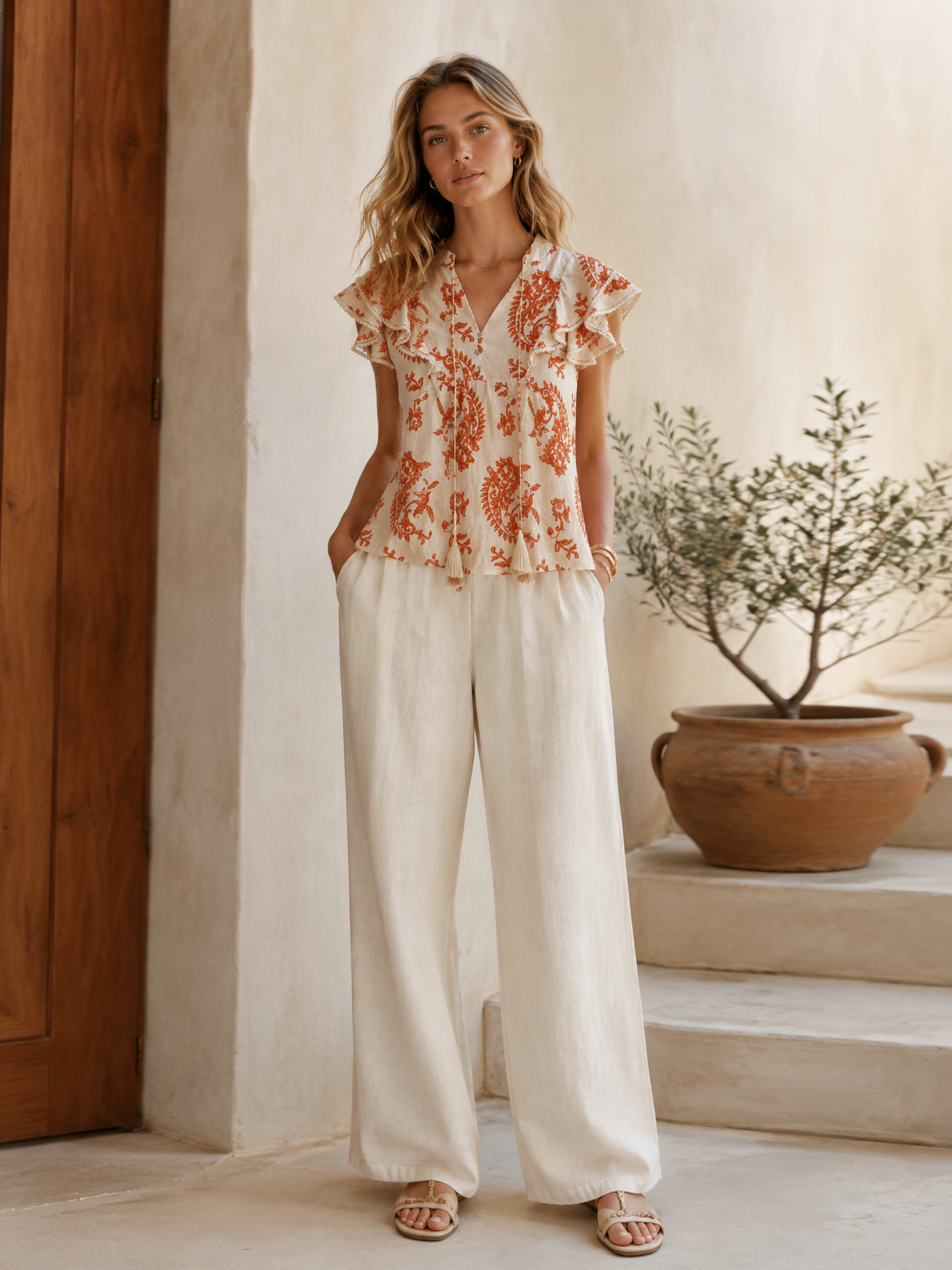 Boho Beige Paisley Print Blouse - Ruffle Sleeve Relaxed Fit Top  AN-710027