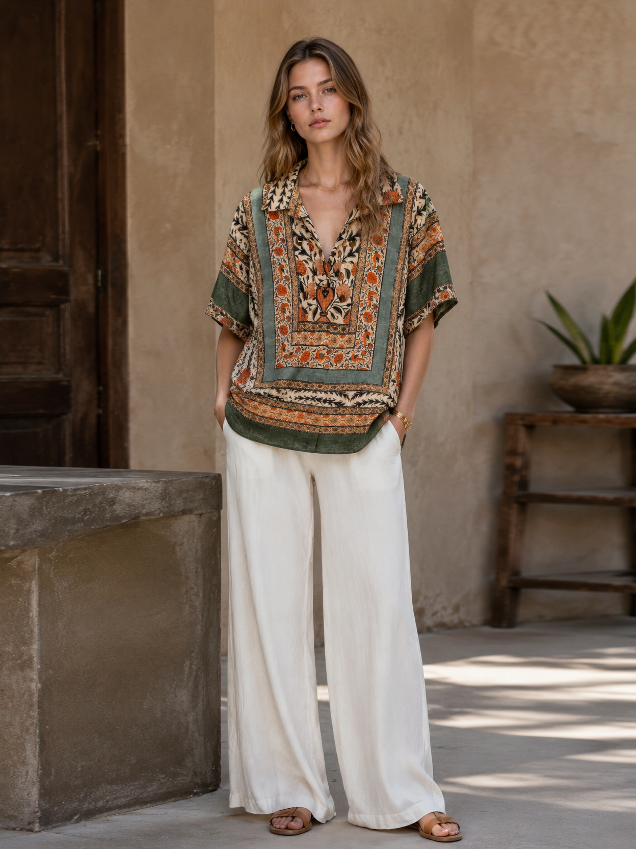 Boho Scarf Print V-Neck Camp Collar Relaxed Shirt AN-620049