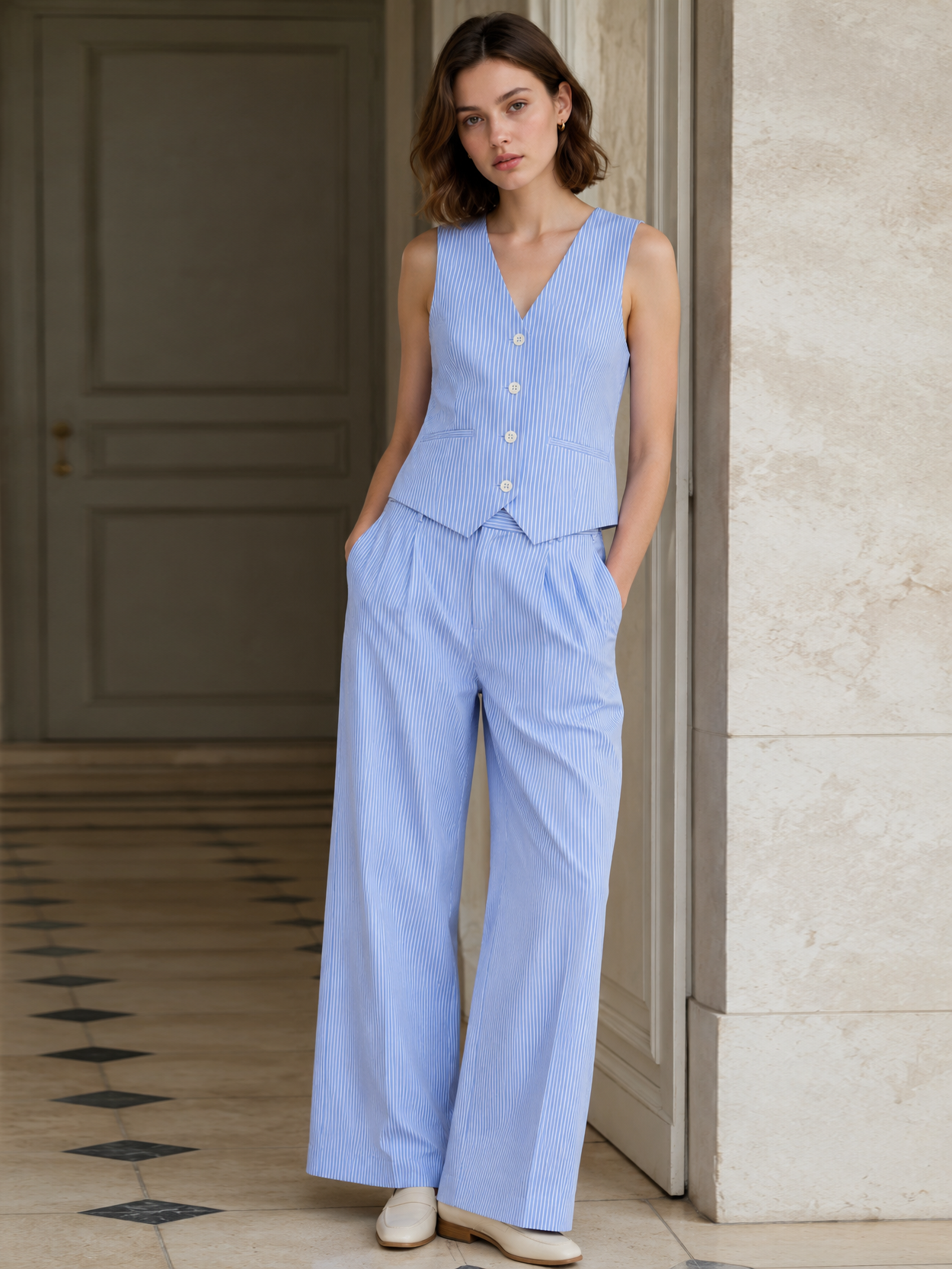 Minimalist Grid Print V-Neck Layering Vest AN-710012