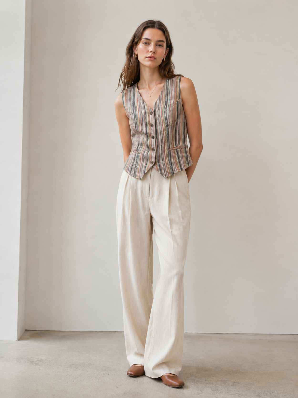 Oriental Style Multicolor Stripe Suit - V-Neck Vest & High Waist Trousers D-42125