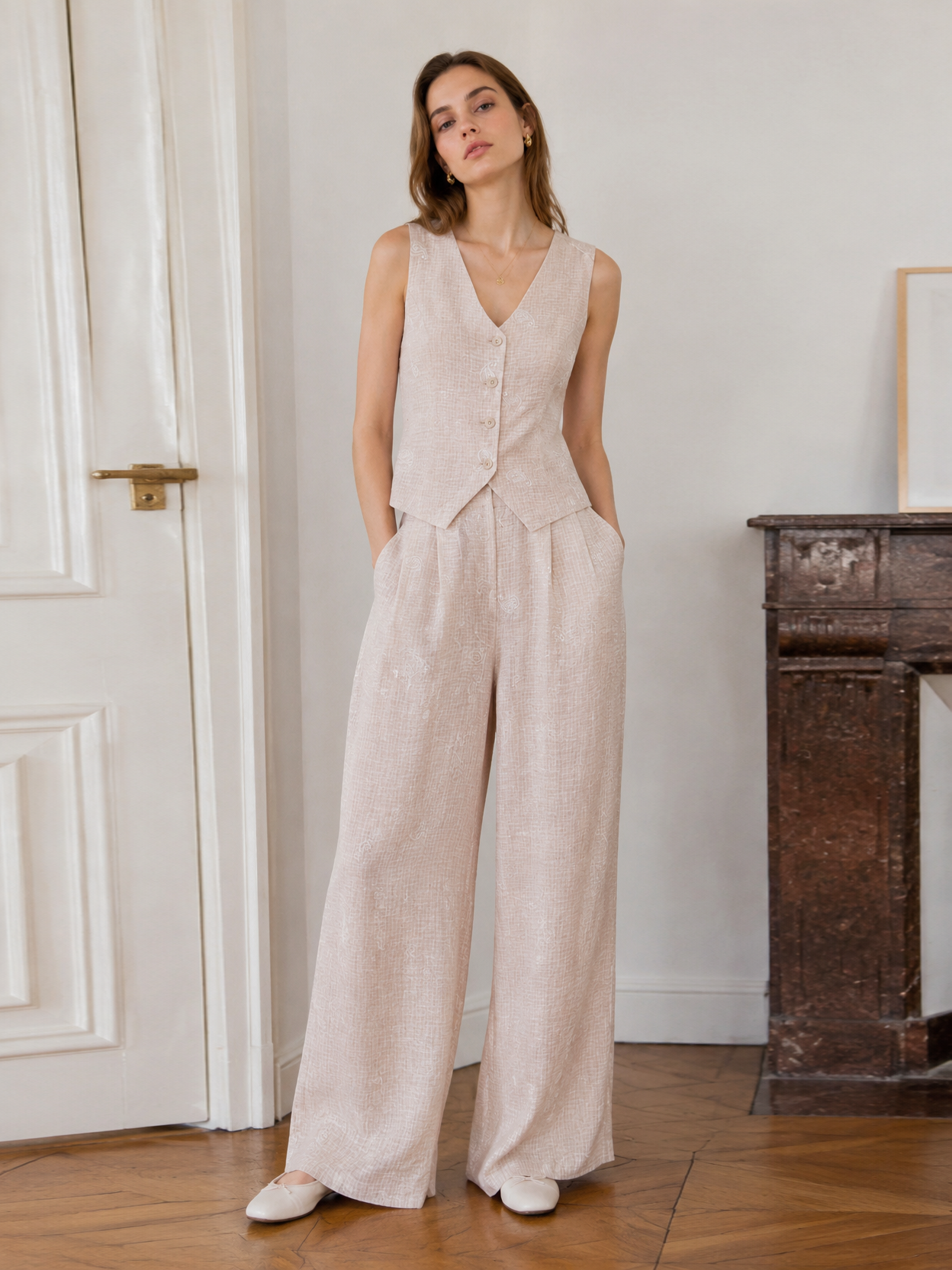 Paisley Embroidered High-Waisted Linen Pants AN-710029
