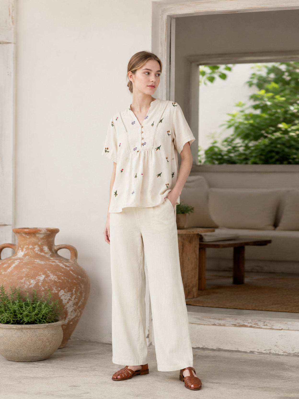 Minimalist Floral Embroidered Linen-Blend Top for Women AN-750003