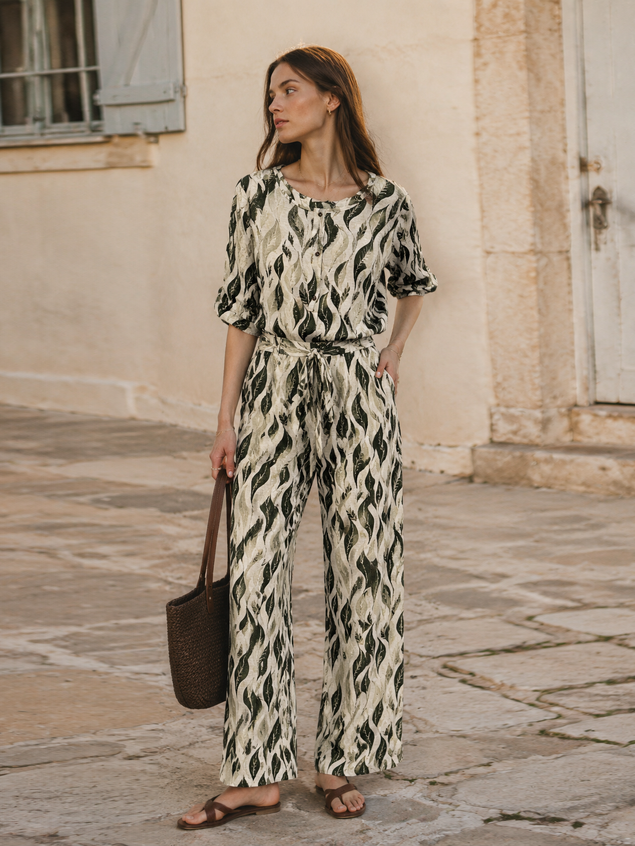 Minimalist High-Waisted Leaf Print Pants with Self-Tie Belt AN-750012