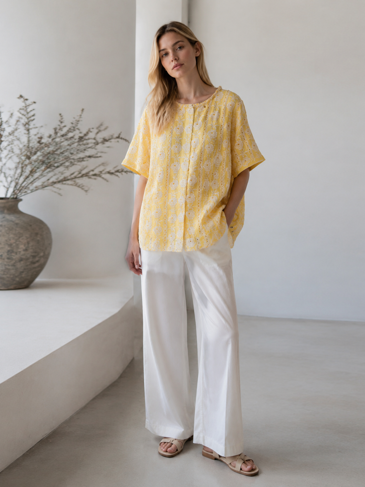 Minimalist Embroidered Eyelet Blouse with Beaded Trim AN-750013