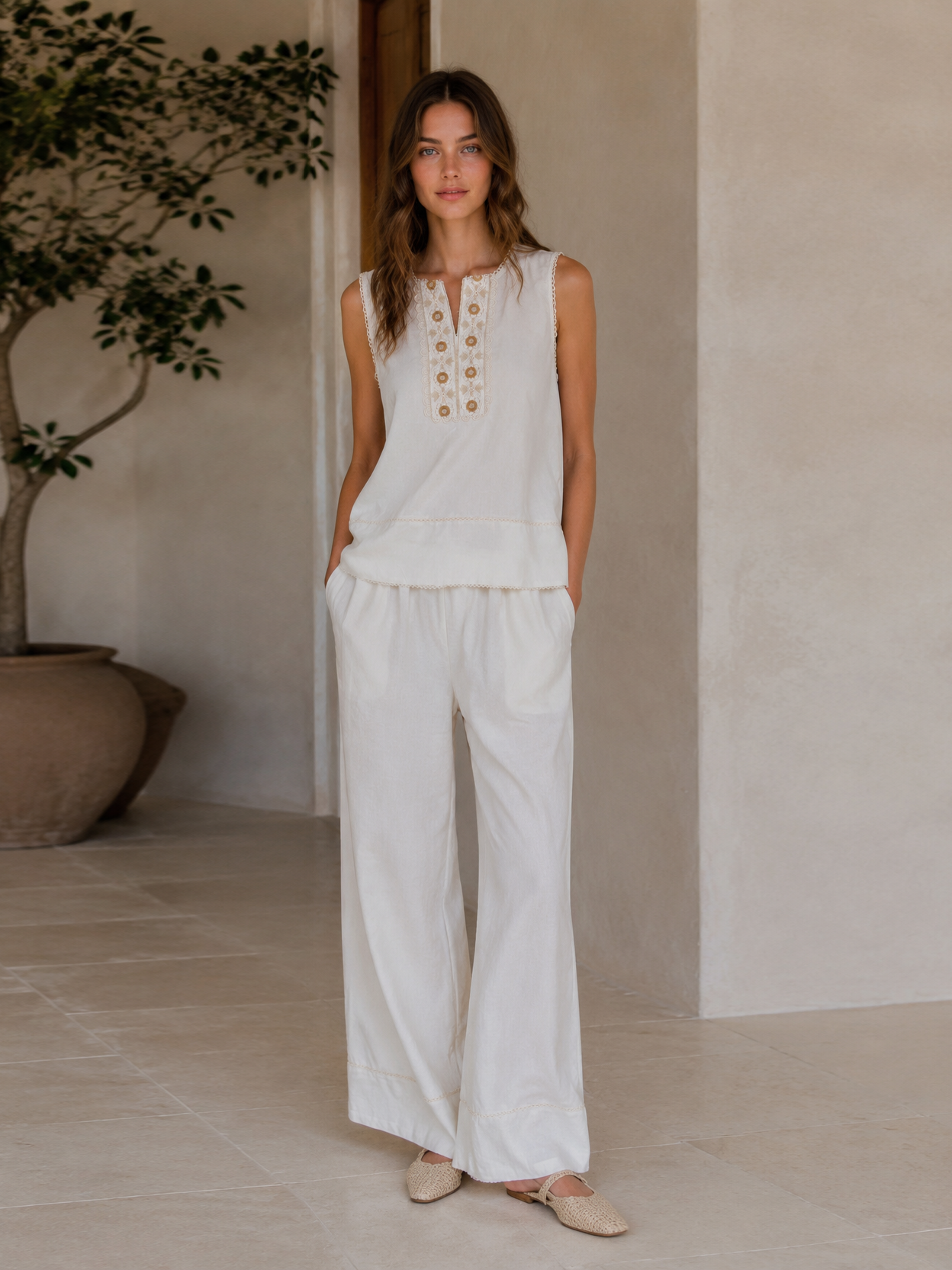 Linen-Blend Embroidered Two-Piece Set AN-750014