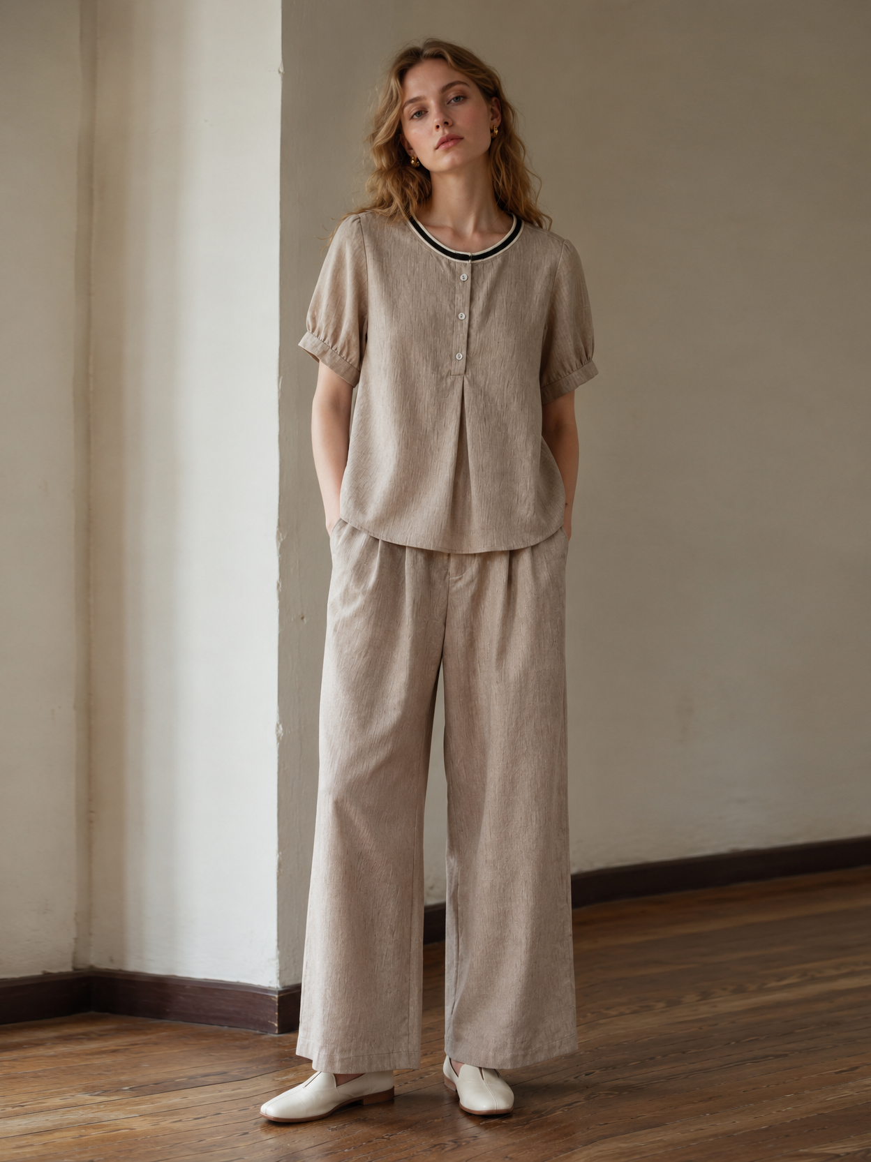 Minimalist High-Waisted Linen-Blend Wide-Leg Pants AN-750017