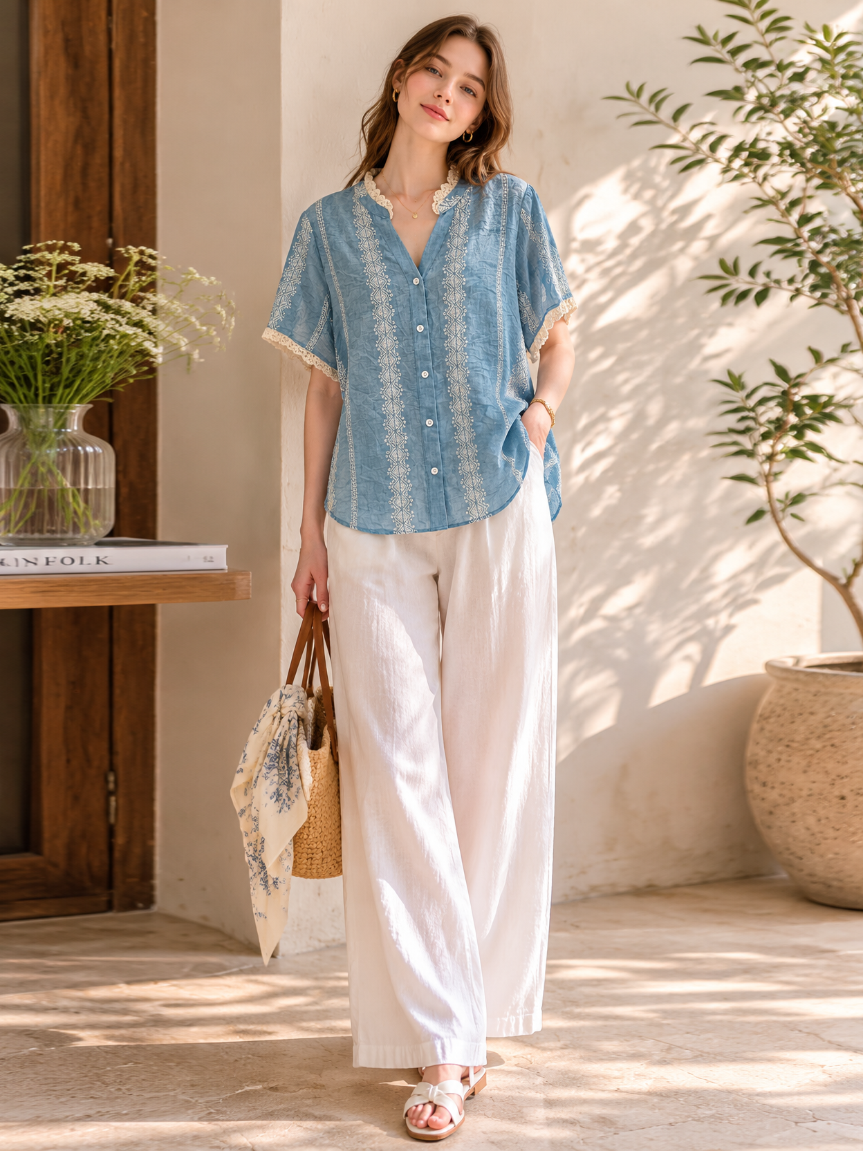 Linen-Blend Blouse with White Lace & Embroidery LA-810001