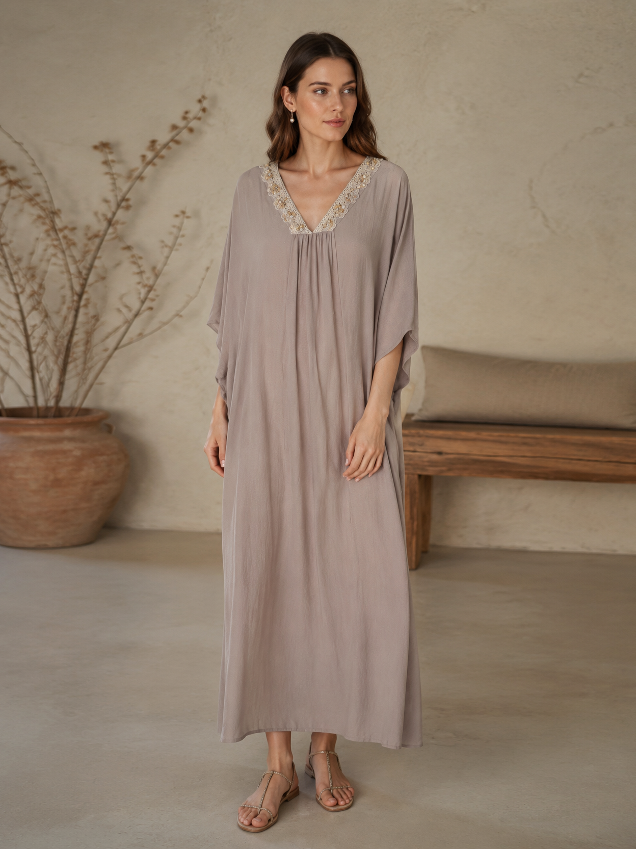 Linen-Blend Kaftan Dress with Shell & Lace Neckline LA-810005