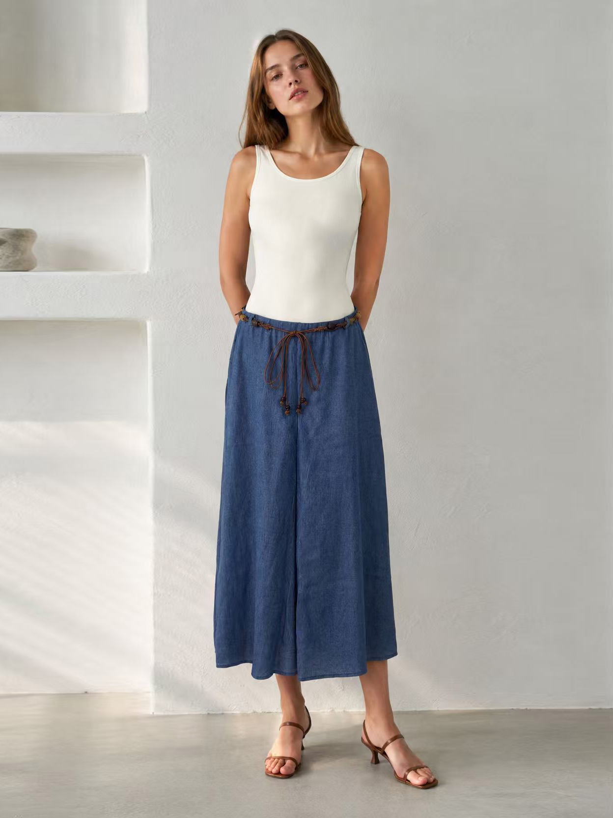 Linen-Blend A-Line Skirt with Beaded Belt AN-620050