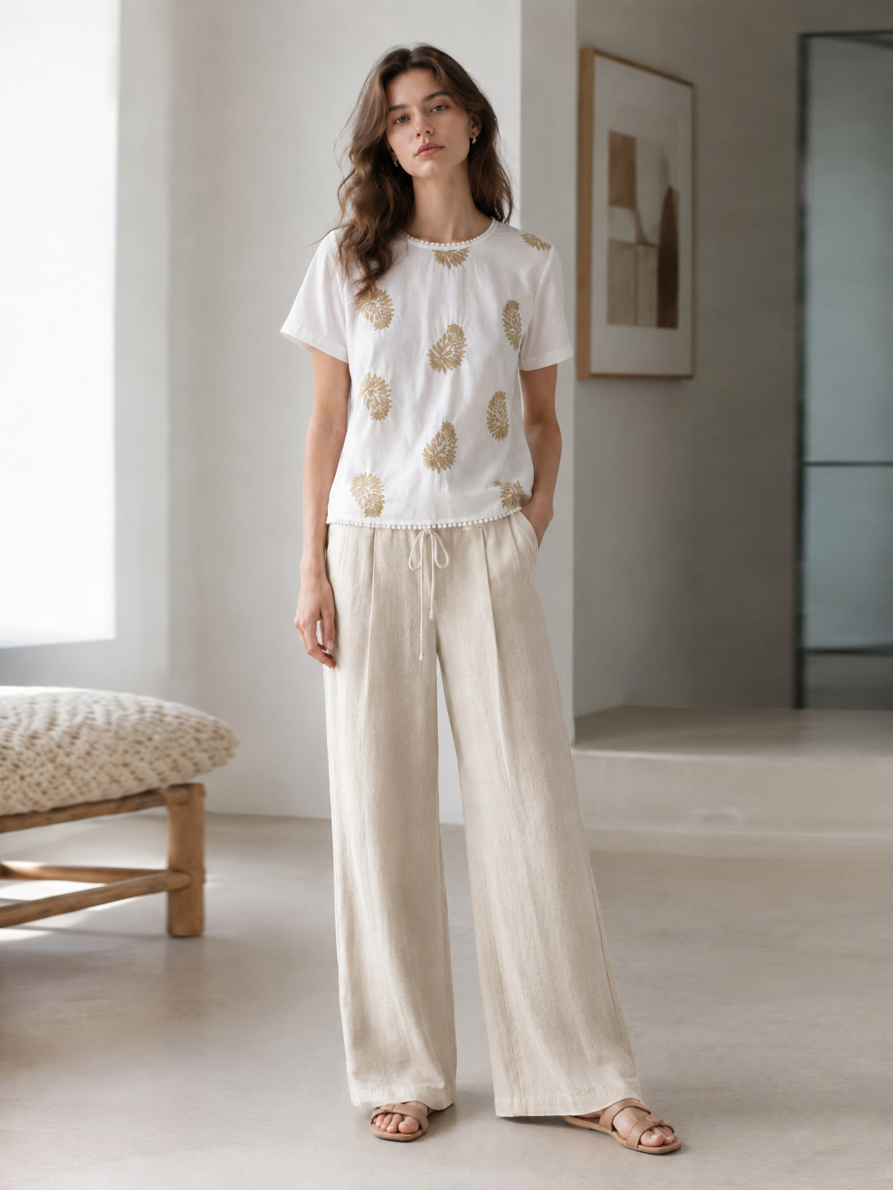 Elegant Cotton-Blend Blouse with Lace Trim AN-750004