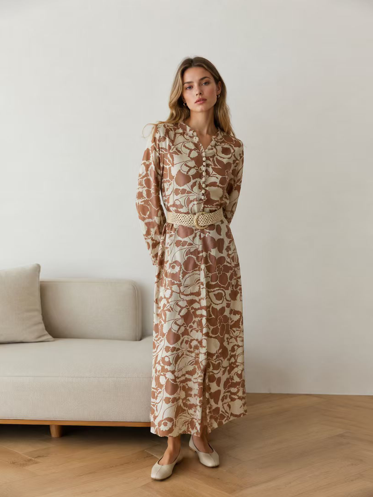 Elegant  Floral Print Midi Dress - Puff Sleeve Belted Dress AN-710026