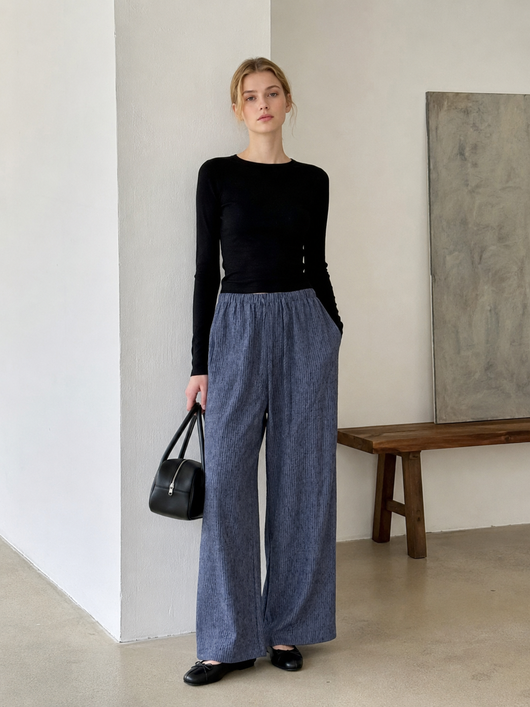 Women's Khaki Textured Drawstring Wide Leg Pants - Relaxed Fit Trousers  S-2543