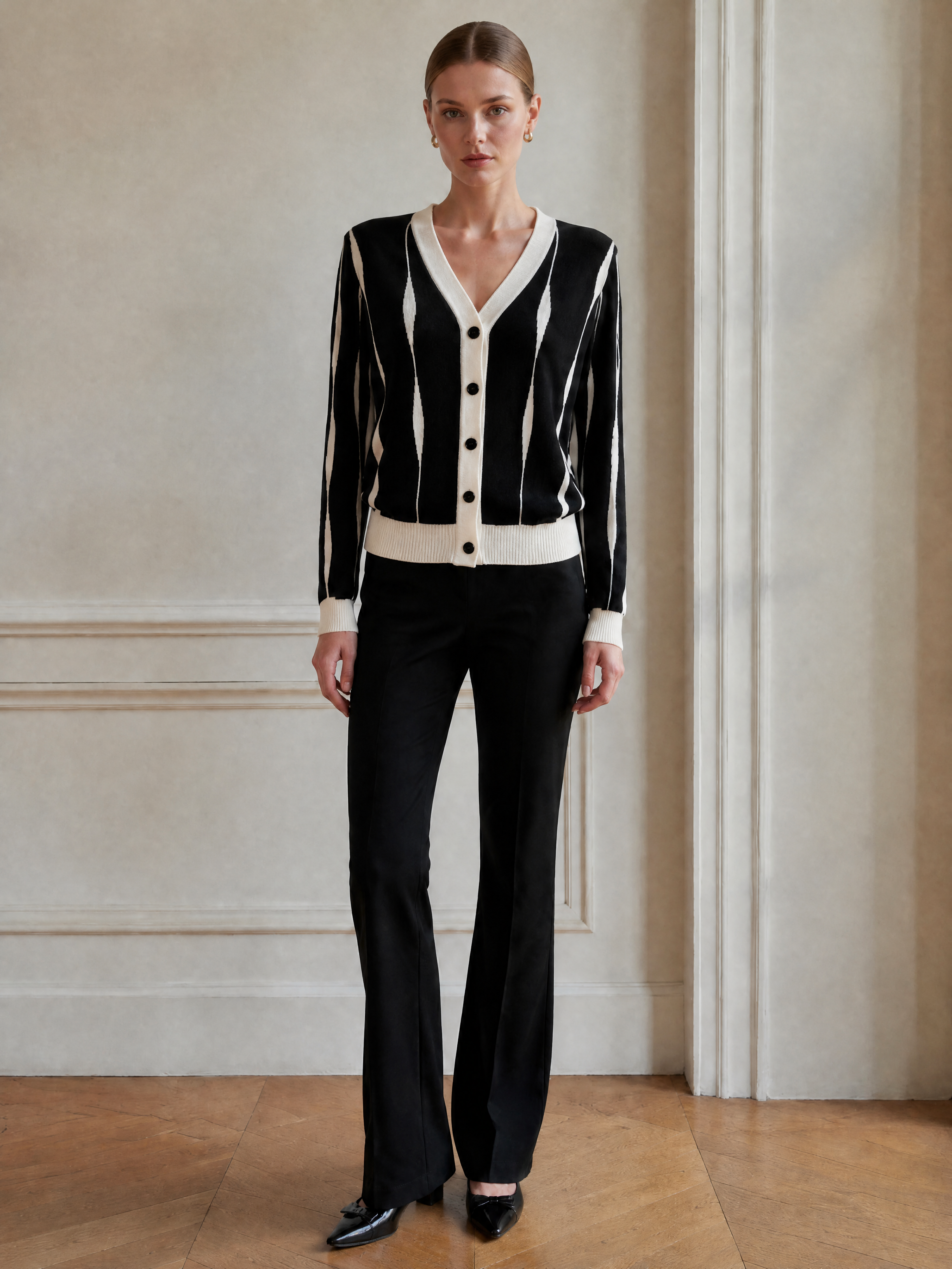 Classic V-Neck Knit Cardigan - Black White Striped Contrast Trim Casual Sweater 80215