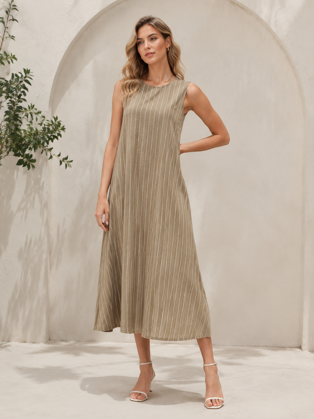 Women’s Minimalist Striped Sleeveless Maxi Dress C-42198H