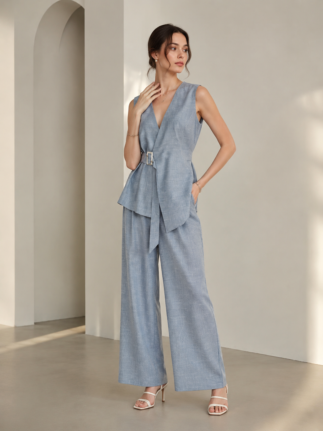 Women’s Linen Look Belted Vest Wide Leg Set C-42919+C-42918