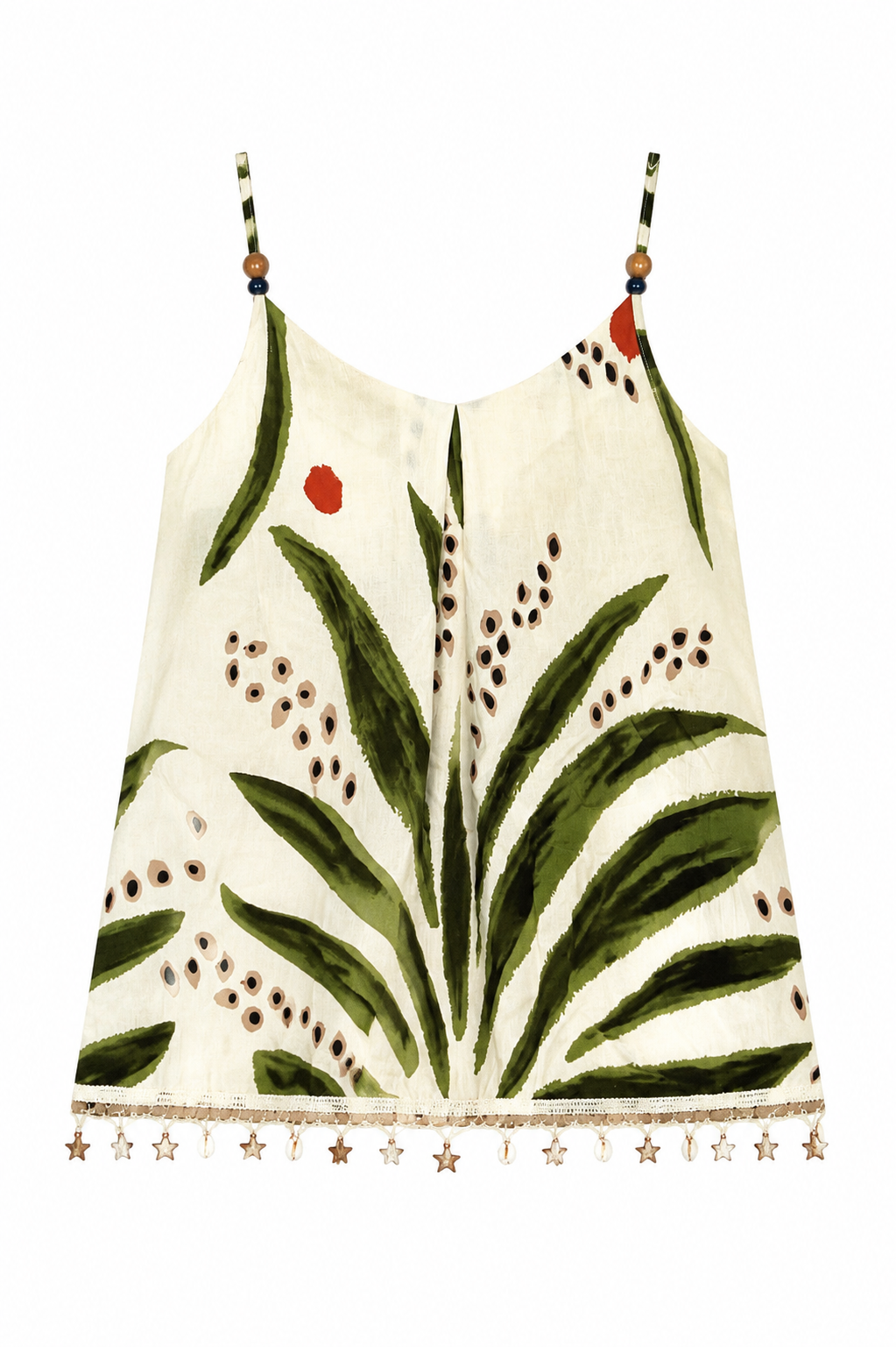 Women’s Tropical Leaf Print Spaghetti Strap Cami Top with Pom Pom Trim 2882-3