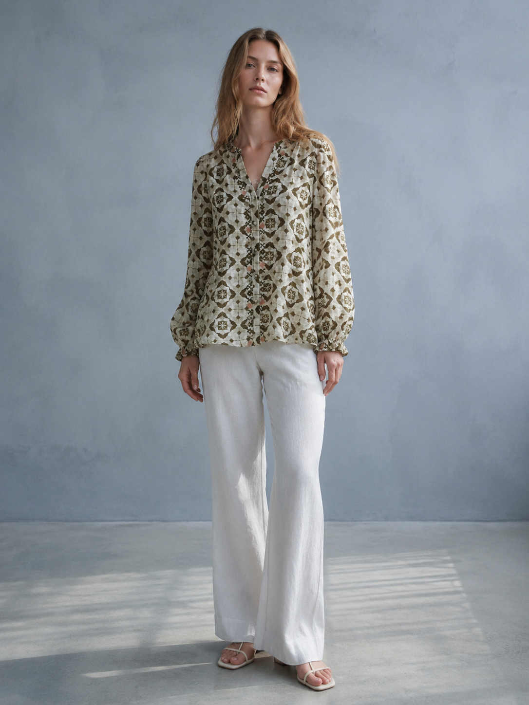 Women's Green Geometric Print Long-Sleeve Blouse A-42878 