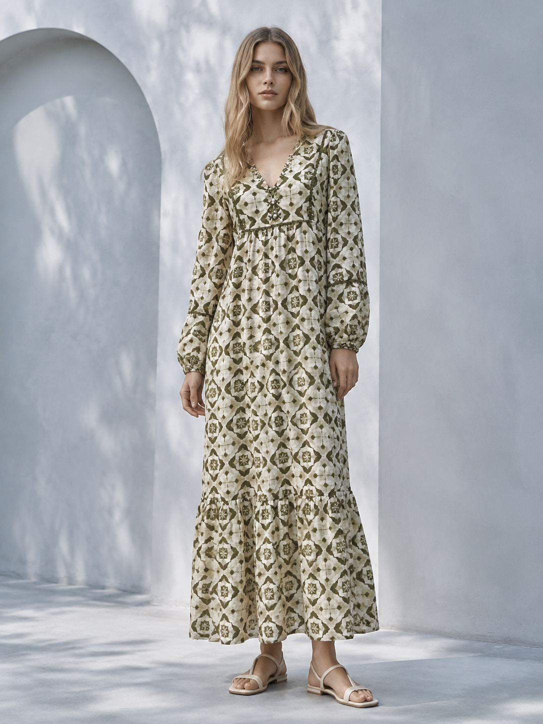 Women's Green Geometric Print Belted Shirt Dress A-42879
