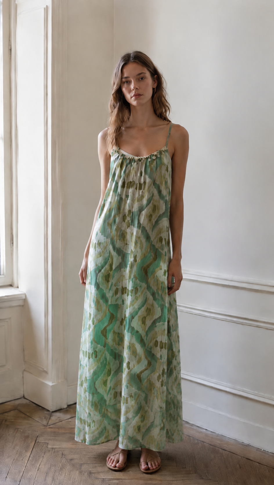 Boho Beaded Neckline Maxi Dress Women Geometric Print Summer Resort Wear AN-121009