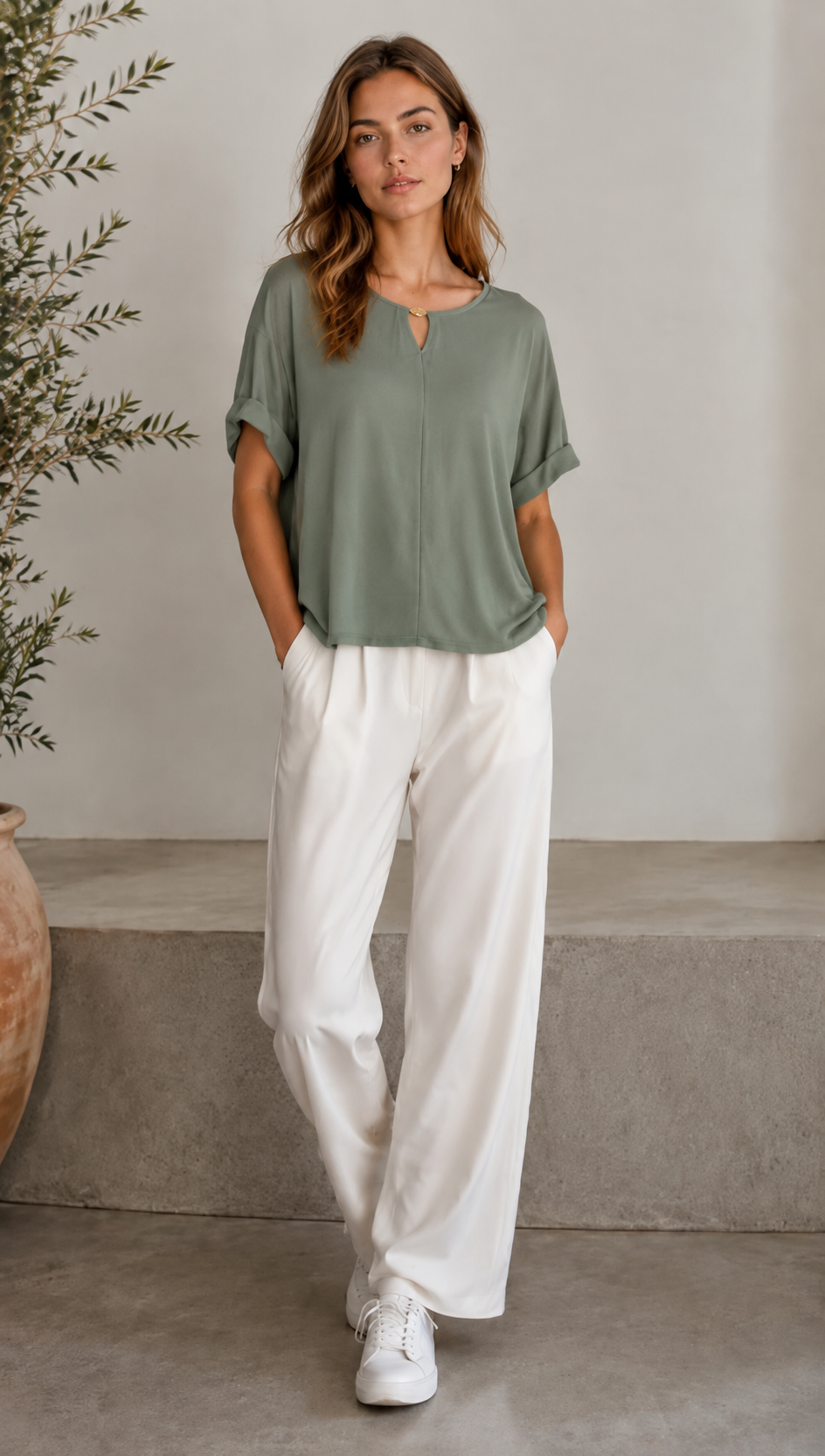Minimalist V-Neck Keyhole Blouse Metal Ring Detail Relaxed White Top AN-121015