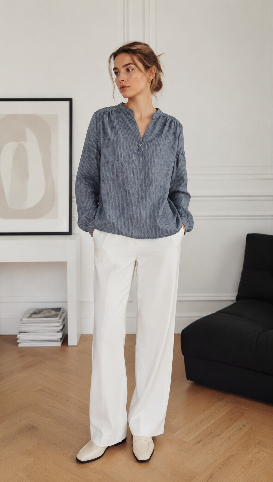 Textured Cotton Blouse – Casual V-Neck Balloon Sleeve Loose Fit Summer Top AN-121002