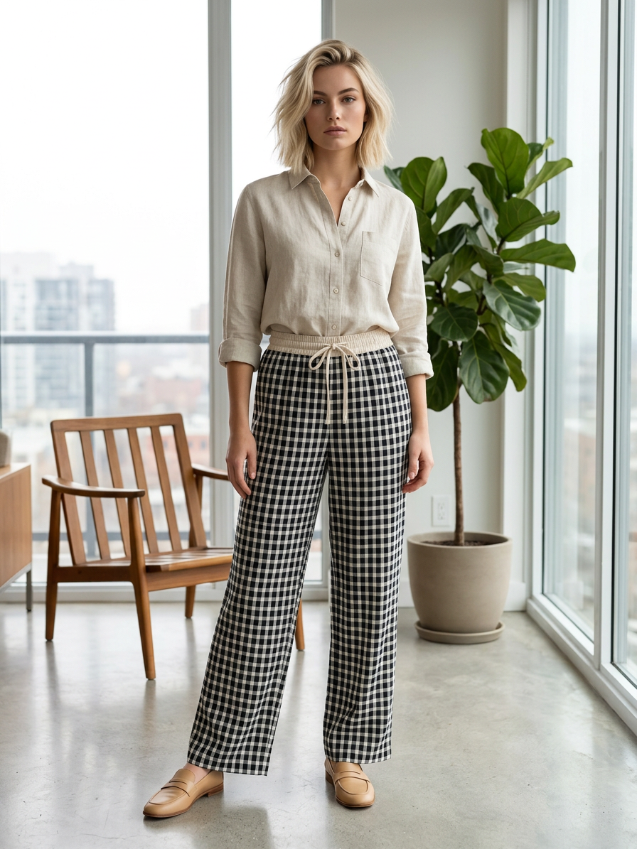 Women's Gingham Wide-Leg Pants with Drawstring Waist AN-620061