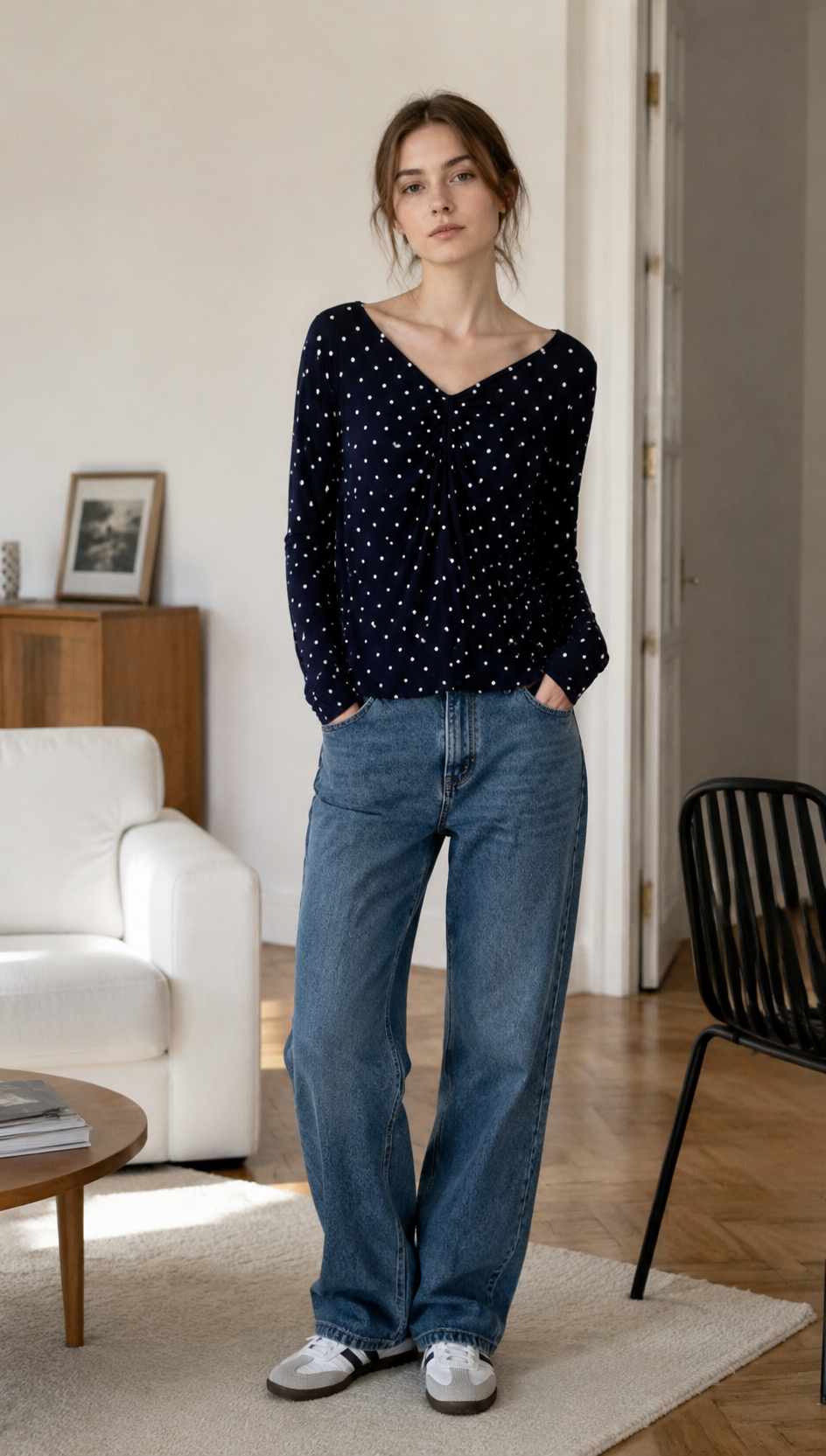 French Style Polka Dot Ruched Tee - V-Neck Slim Fit Top  AN-710008