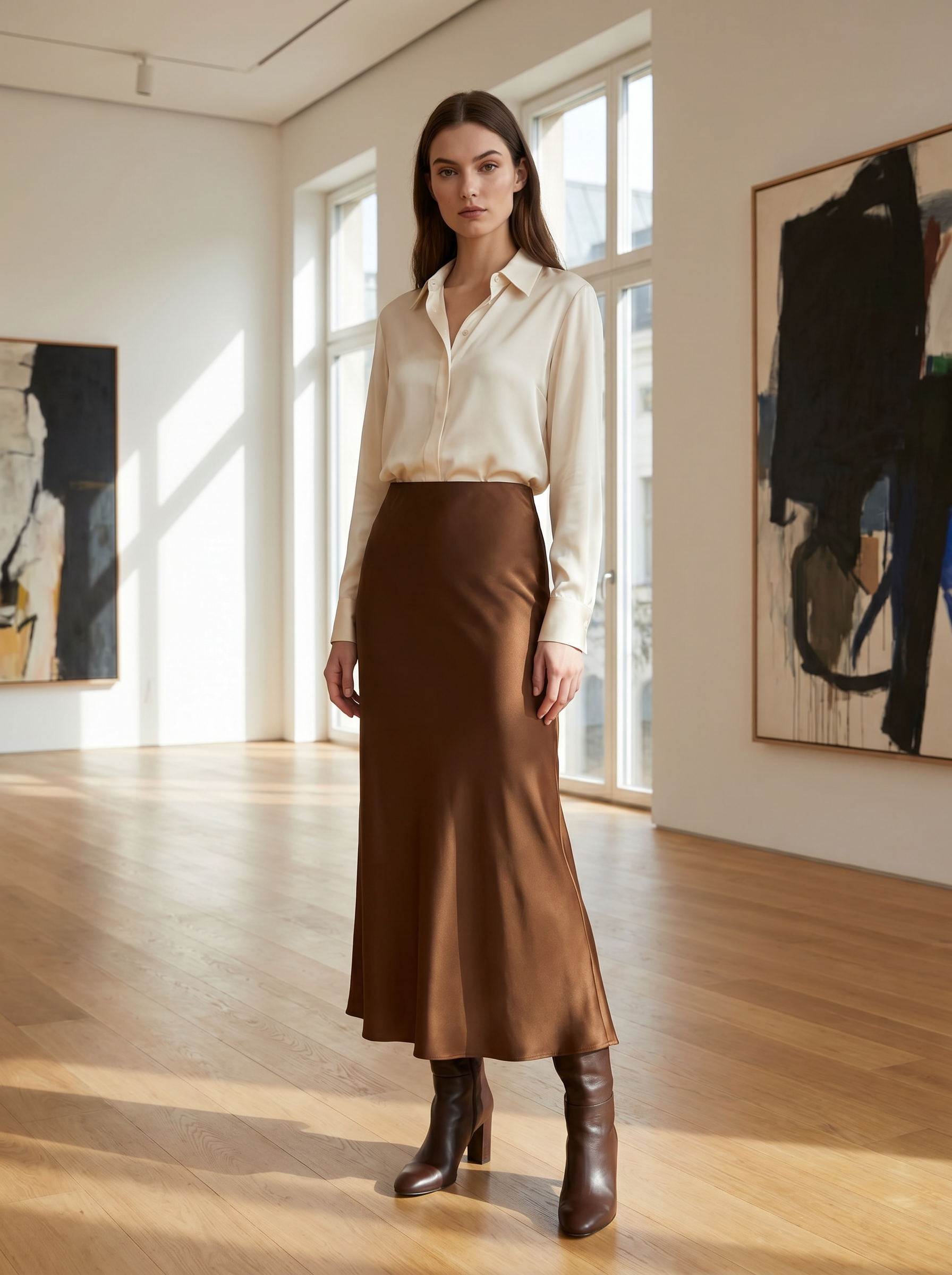 Elegant  Satin Office Skirt - Side Slit Tailored Midi Skirt  AN-710014