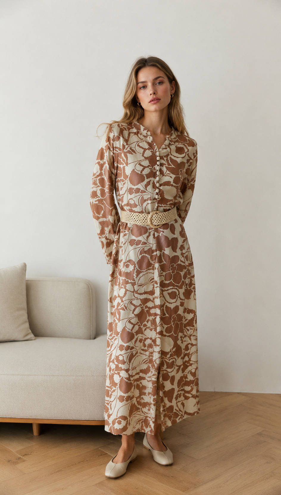 Elegant  Floral Print Midi Dress - Puff Sleeve Belted Dress AN-710026
