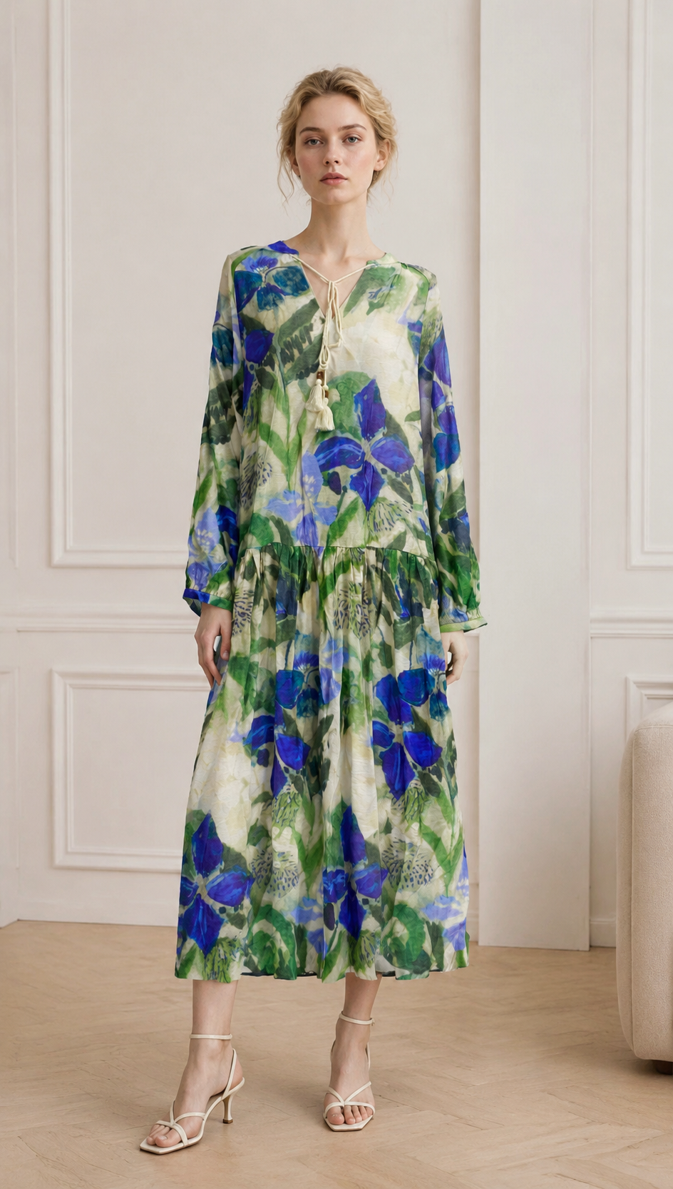 Boho Floral Maxi Dress – V-Neck Tassel Tie Loose Fit Long Sleeve Resort Dress AN-121008