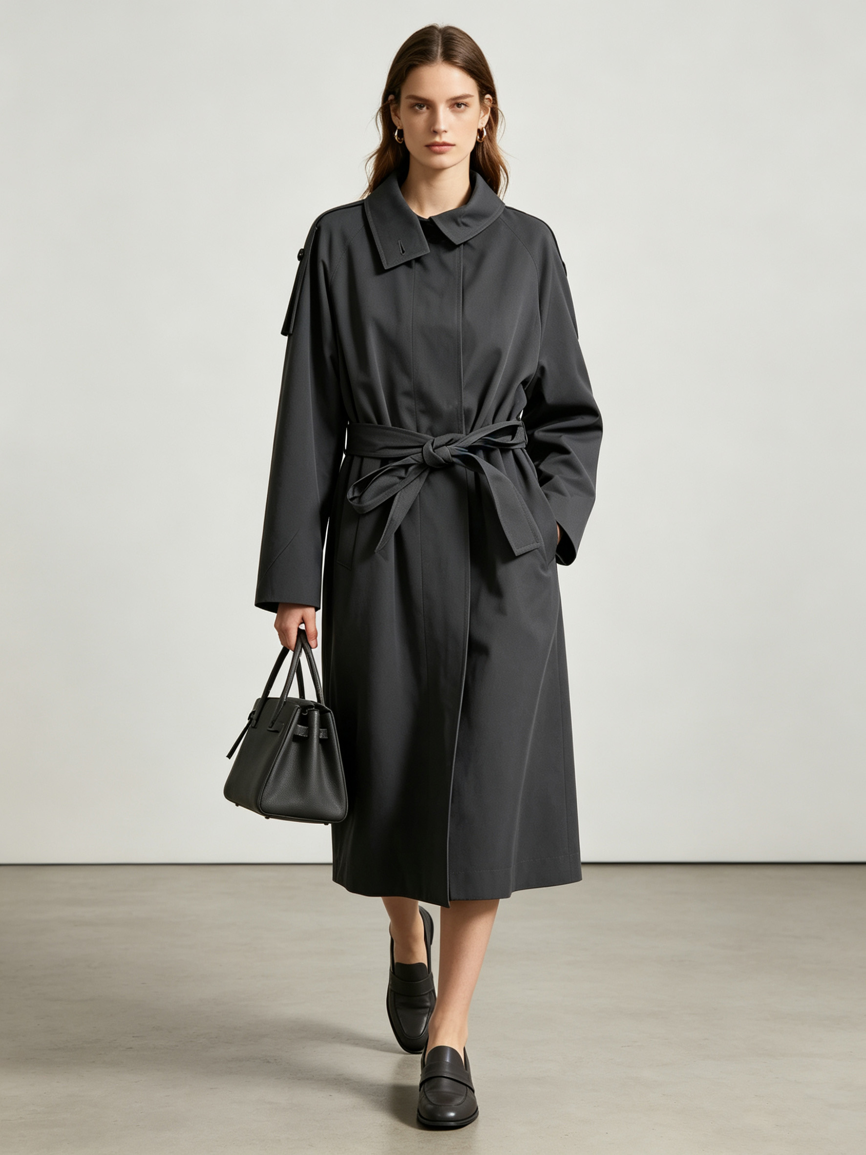 Dark Grey Belted Trench Coat with Asymmetric Collar - Long Outerwear M-42870