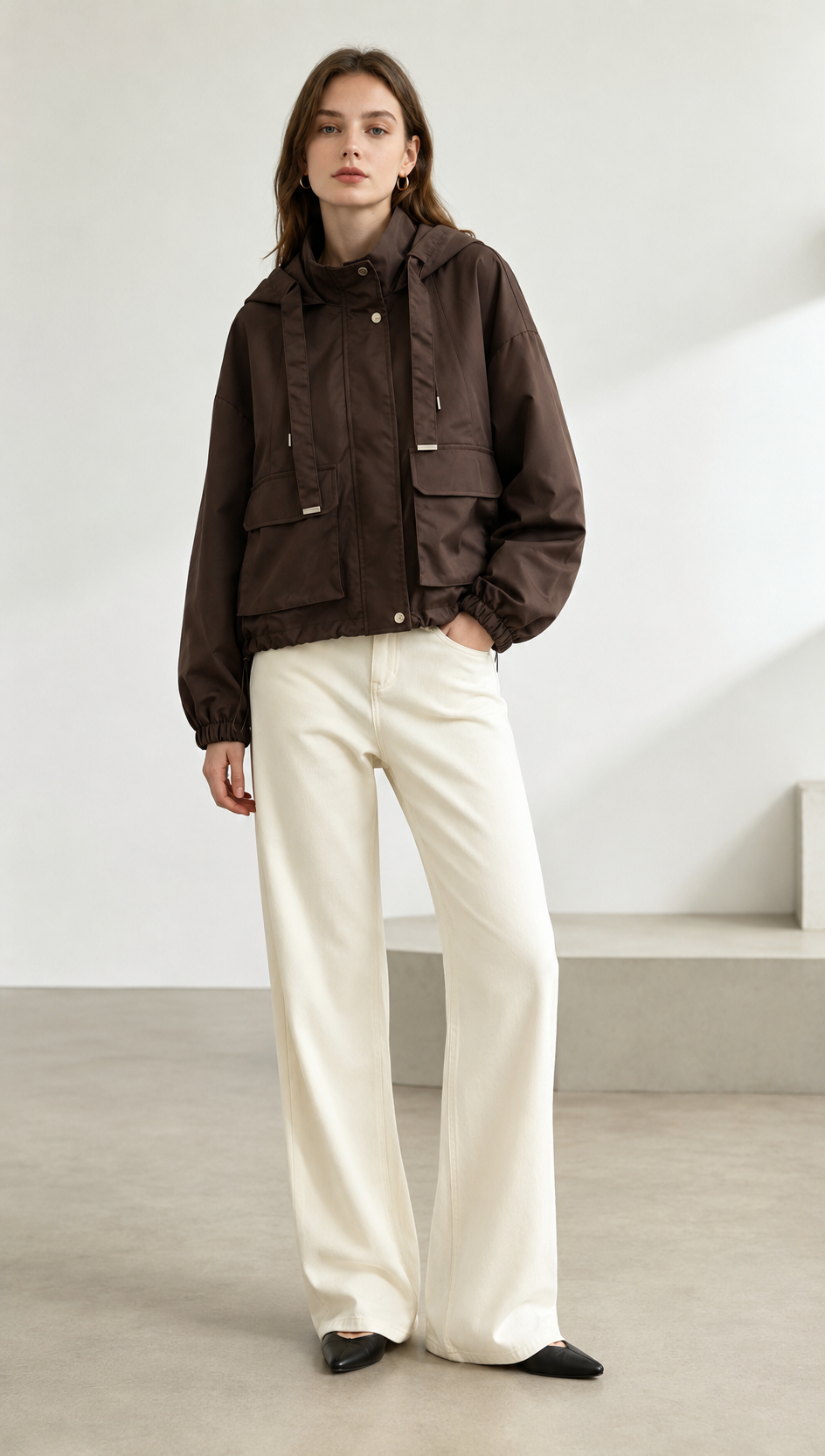 Brown Oversized Hooded Utility Jacket with Drawstrings WC-013