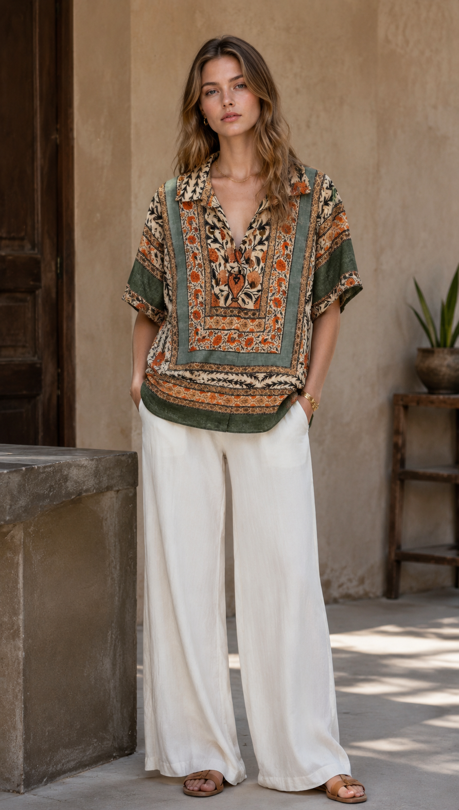 Boho Scarf Print V-Neck Camp Collar Relaxed Shirt AN-620049