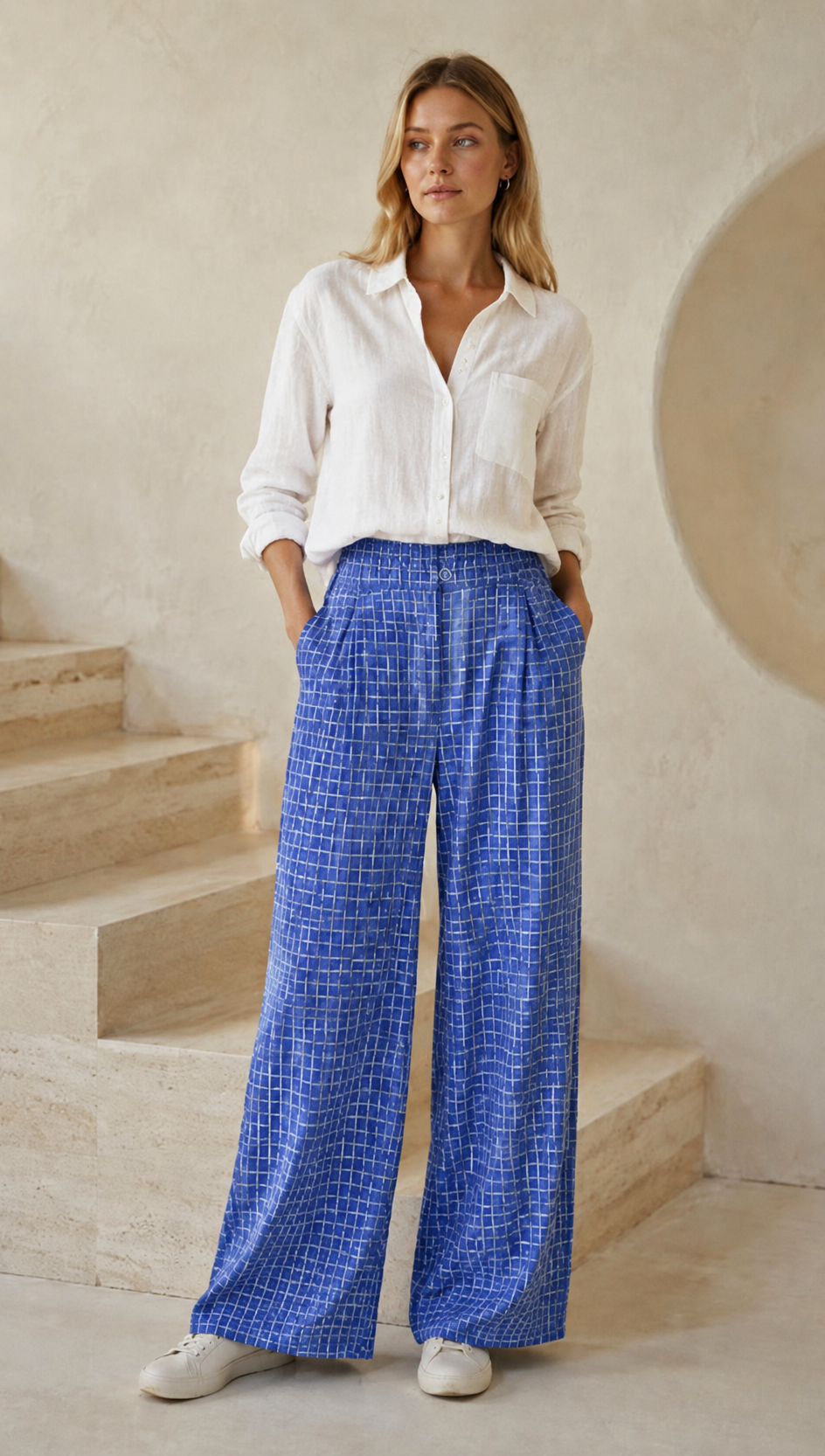 Minimalist Blue Grid Print High-Waisted Trousers AN-710016