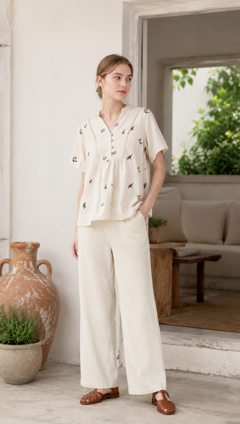 Minimalist Floral Embroidered Linen-Blend Top for Women AN-750003