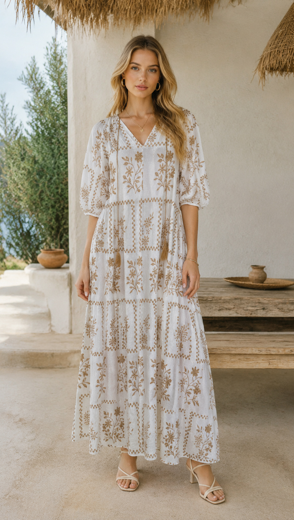 Minimalist Boho Floral Embroidered Maxi Dress with Tassel Neckline AN-750009