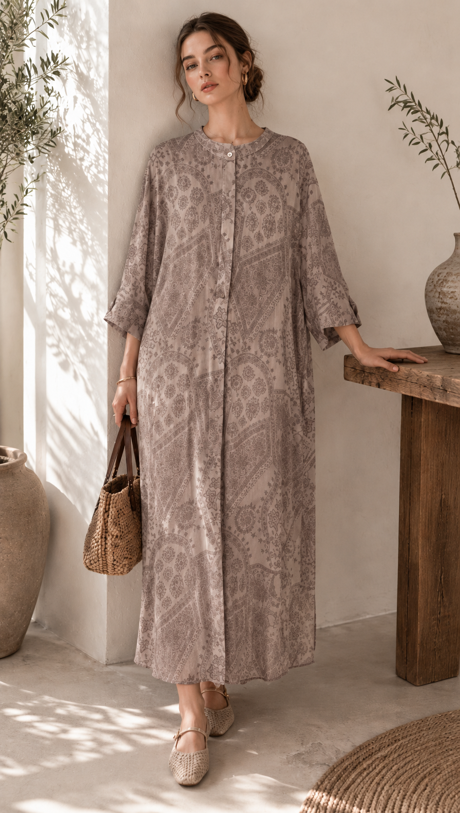 Minimalist Paisley Print Half-Button Tunic Dress AN-750010