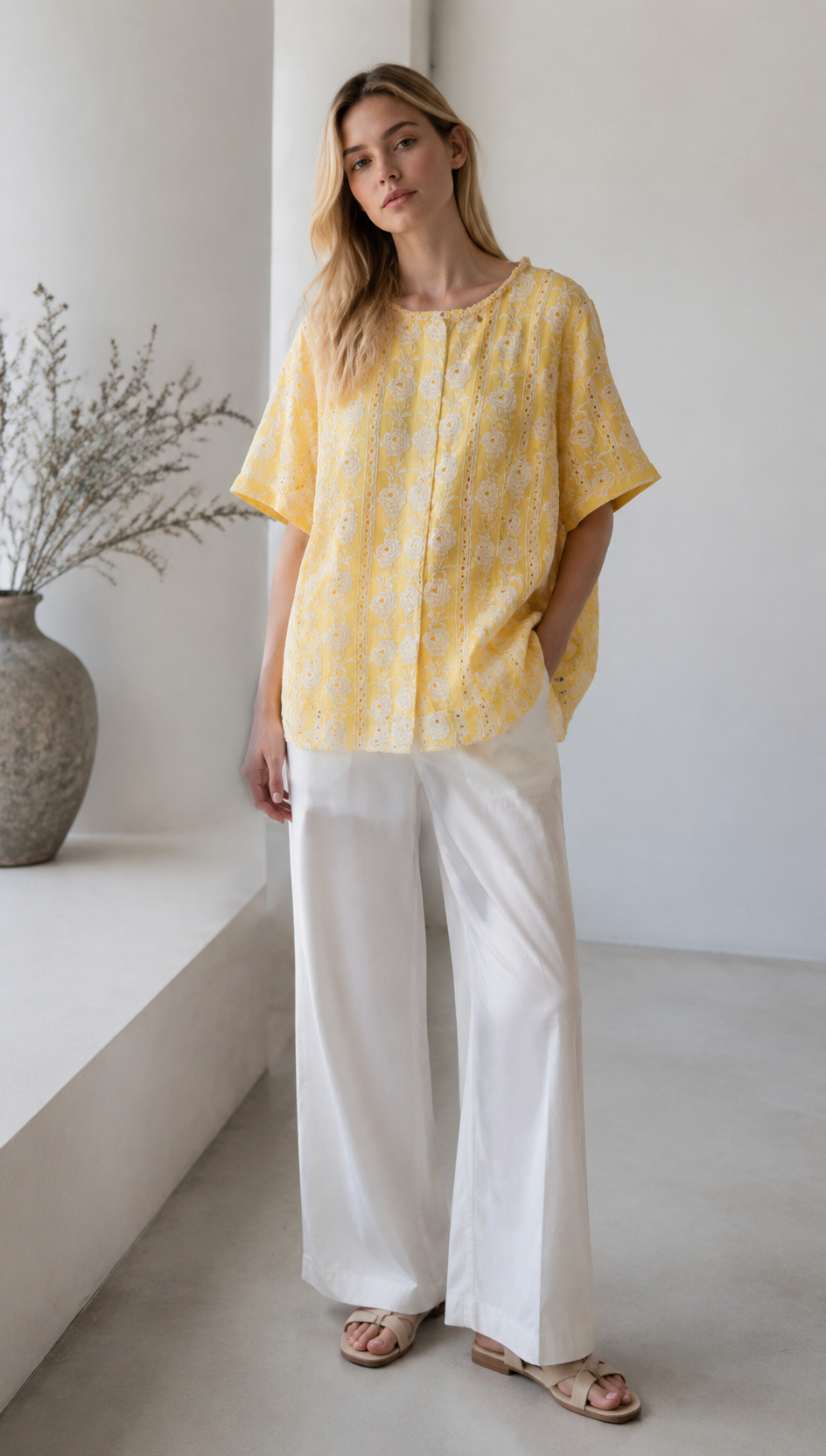 Minimalist Embroidered Eyelet Blouse with Beaded Trim AN-750013