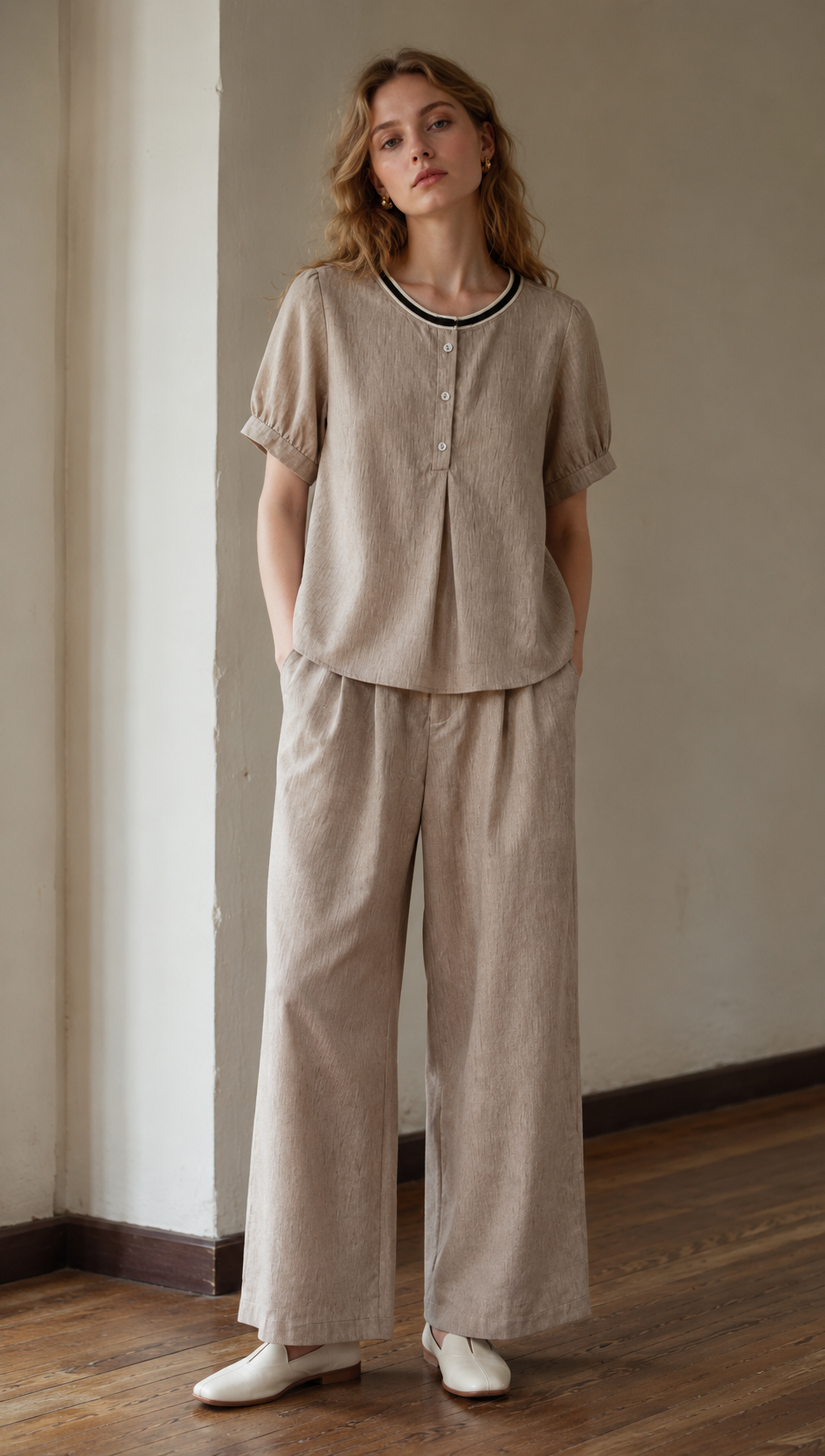 Elegant Linen-Blend Blouse with Contrast Ribbed Neckline AN-750016