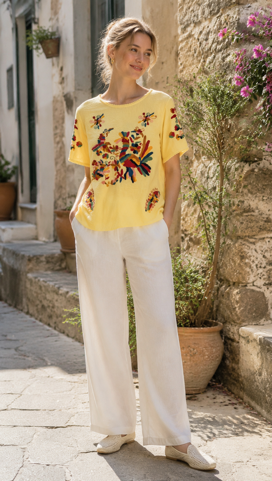 Floral Embroidered Boho Blouse with Lace Trim LA-750002