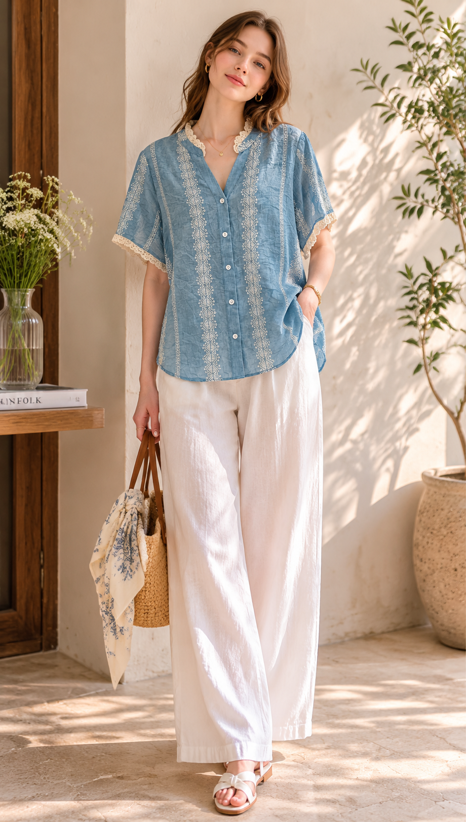 Linen-Blend Blouse with White Lace & Embroidery LA-810001