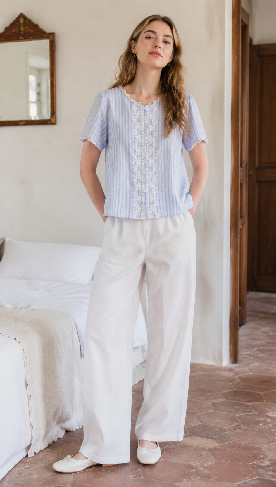 Elegant Striped Blouse with White Lace Details LA-810002